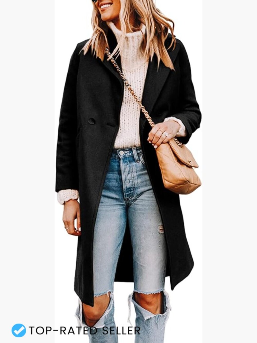 Wool Blend Pea Coat Long Trench Jacket Notch Lapel Button Front Pockets